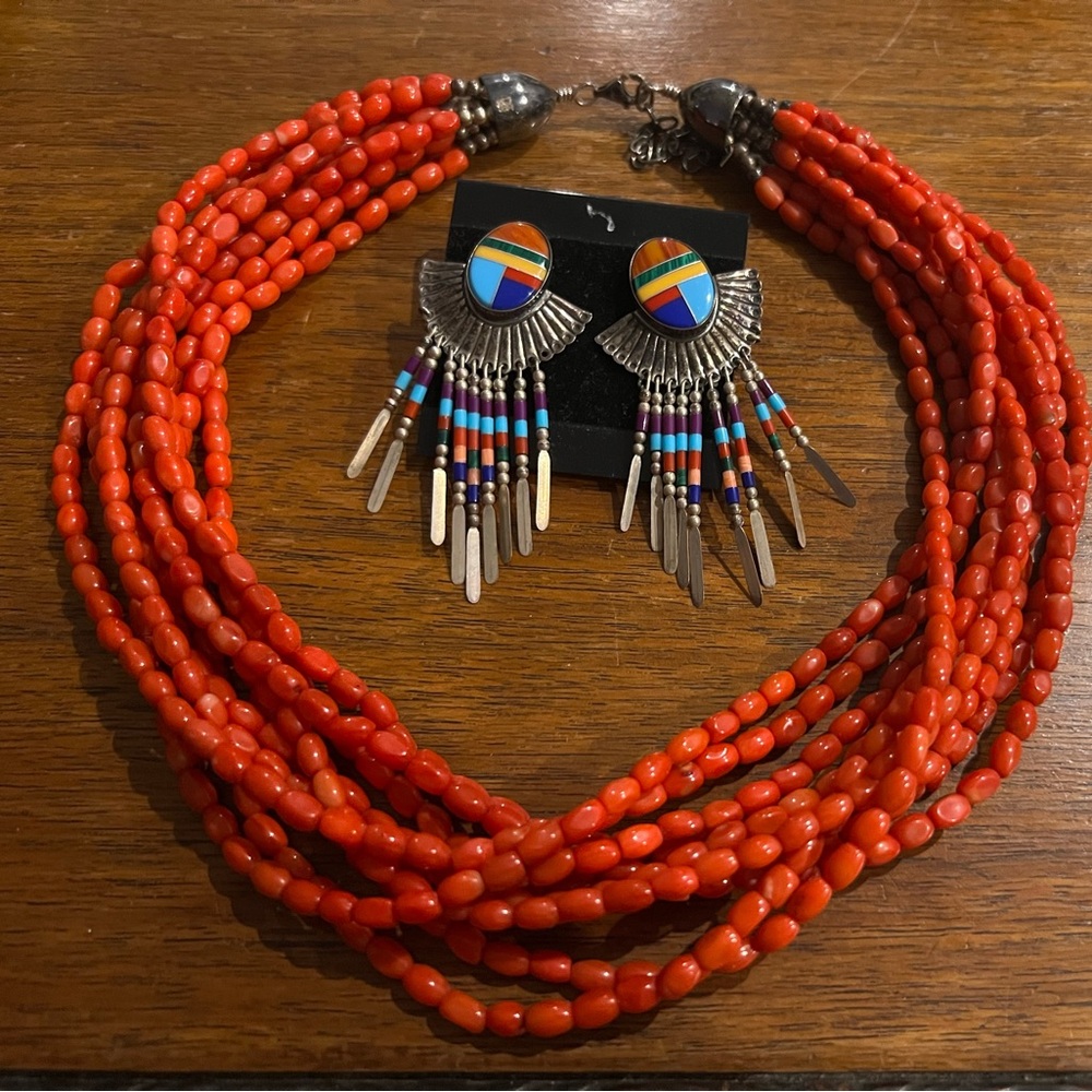 Vintage Jay King DTR 925 Red Coral 10 Strand Necklace & Inlaid Concho Earrings!